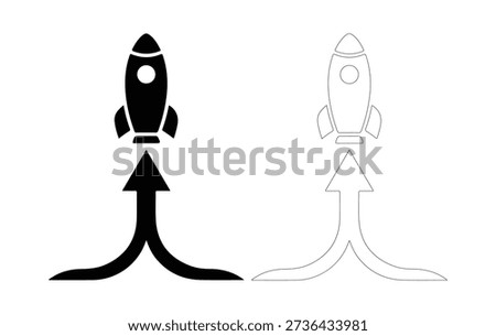 A graphic illustration of a rocket launching with an arrow indicating progress and startup success