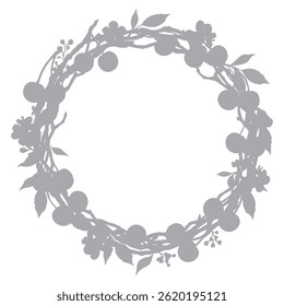 Ilustración gráfica Marco redondo de fruta de cerezo, ramas, hojas y flores en gris