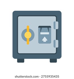 a graphic illustration of a safe box with a combination lock and deposit slot on a white background, symbolizing security and finance