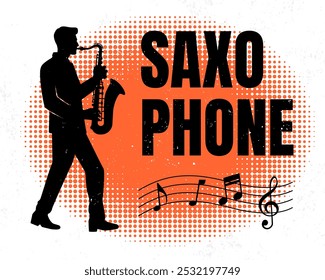 Ilustração gráfica de um saxofonista em silhueta com um fundo ousado e colorido com tema de jazz