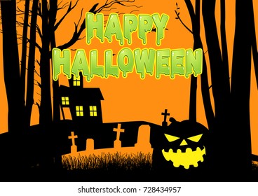 Graphic illustration of a scary house and cemetery in the woods, for Halloween theme or background