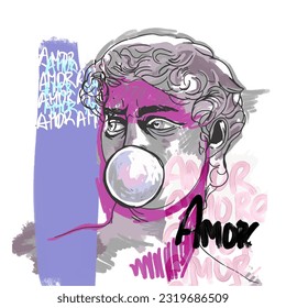 Ilustración gráfica, retrato escultórico de David, hermoso graffiti sobre fondo blanco