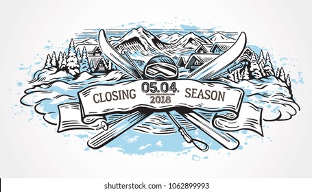 Graphic illustration with a set of objects symbolizing mountain skiing, and design element as a ribbon for text inscriptions.