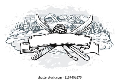 Graphic illustration with a set of objects symbolizing mountain skiing, and design element as a ribbon for text inscriptions.