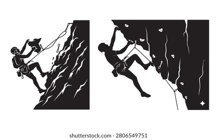 Graphic illustration set showcasing rock climbers in various positions on steep cliffs using ropes harnesses and carabiners for safety while performing extreme sports.