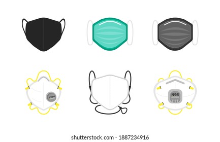 Graphic illustration set of types of face masks, medical equipments. Flat design.