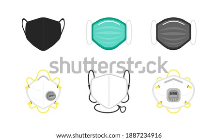 Graphic illustration set of types of face masks, medical equipments. Flat design.