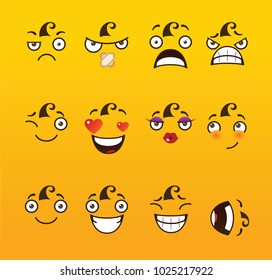 Graphic illustration with set of various emotional faces in cartoon comical style. 