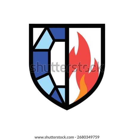 A graphic illustration of a shield divided into two halves. One side represents fire with red and orange flames, while the other represents ice with blue crystals.