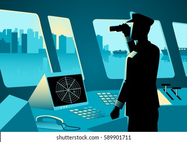 Graphic illustration of a ship captain using a binoculars in navigation room