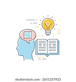 A graphic illustration showcases learning and idea generation with a lightbulb and book beside a head profile, rendered in line art style.