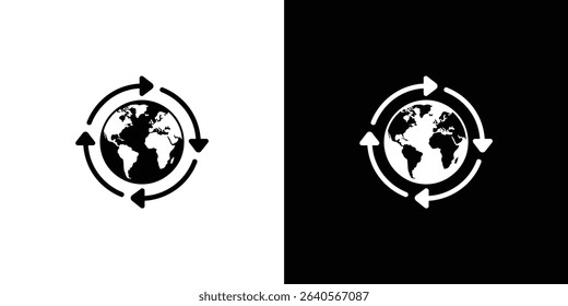 Graphic illustration showcases a simplified Earth globe encircled by rotating arrows. This vector icon is presented in black on a white background and white on black.