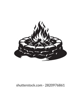 Graphic illustration showcasing detailed stone fire pit featuring stacked logs burning with vibrant flames perfect for camping outdoor lifestyle nature themes and survival concepts simple monochrome vector design suitable for various creative projects and recreational art assets isolated on white.