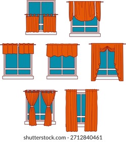 A graphic illustration showcasing different types of window treatments and curtain designs