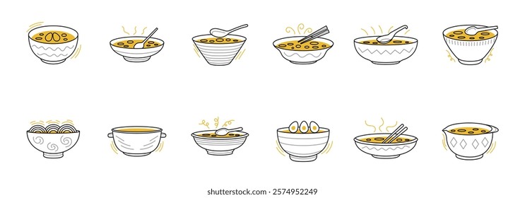 A graphic illustration showcasing a diverse collection of soup and noodle bowls, each with unique design elements.