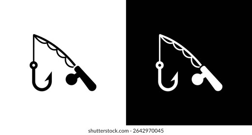Graphic illustration showcasing fishing pole icons in both black and white versions, isolated for easy integration into designs related to fishing and outdoor sports.