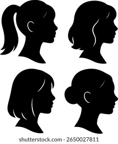 A graphic illustration showcasing four distinct female profile silhouettes. Each silhouette features a unique hairstyle, presented in a clean, minimalist style.