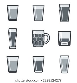 A graphic illustration showcasing nine distinct types of glassware commonly used for serving drinks.