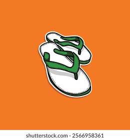 Graphic illustration showcasing a pair of green strap flip-flops on a vivid orange backdrop, depicting leisure, summer, and casual style. Perfect for themes relating to beach or relaxed outdoor.