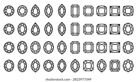A graphic illustration showcasing a variety of gemstone cuts including round, oval, pear, marquise, emerald, princess, and cushion.