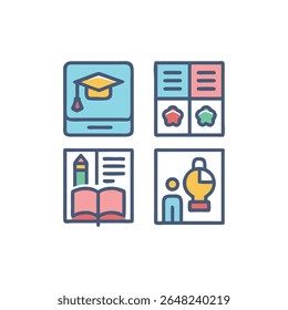 Uma ilustração gráfica mostrando ícones relacionados à educação com cantos arredondados sobre um plano de fundo preto, design em estilo plano e um tema colorido.