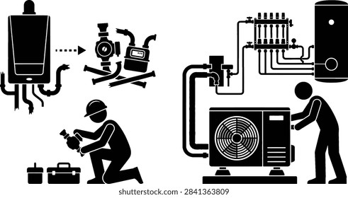 Graphic illustration showing technicians installing or repairing heating and cooling systems including boilers, heat pumps, and plumbing components