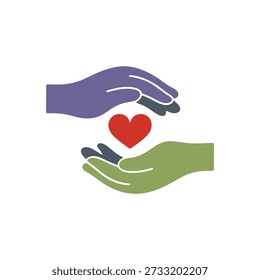A graphic illustration showing two hands cupping a red heart shape between them