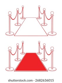 Eine grafische Illustration, die zwei Perspektiven eines Ereignisses auf dem roten Teppich zeigt, eine mit weißem Teppich und roten Stangen, eine andere mit rotem Teppich und roten Stangen.
