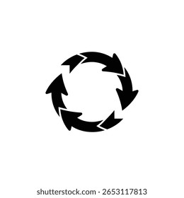 Graphic illustration shows a black circular arrow sequence, symbolizing recycling, rotation, or repetition on a plain white backdrop, vector design.
