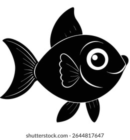 A ilustração gráfica mostra um peixe preto com olhos expressivos, barbatanas proeminentes e uma boca sorridente, tudo em preto sólido sobre um fundo branco, perfeito para vários designs.