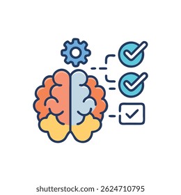 Graphic illustration shows a colorful brain connected to a gear and check marks. Represents process and ideas.