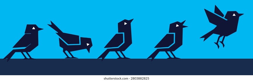 A graphic illustration shows a sequence of five stylized birds in silhouette against a bright blue background, depicting movement and transition.