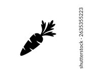 Graphic illustration shows a single, stylized carrot with its leaves, depicted in black silhouette against a transparent backdrop for various design needs.