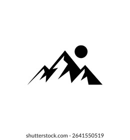 Graphic illustration of a silhouetted mountain range with sharp peaks and a prominent circle, possibly representing the sun or moon, set against white.