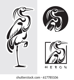 Graphic illustration of single bird - one heron. Vector image side view in black and white colors.