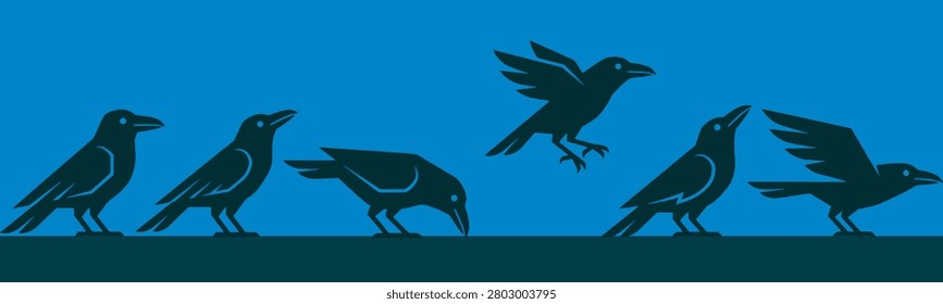 A graphic illustration of six black crows in silhouette against a bright blue background, showing various poses from standing to flying.