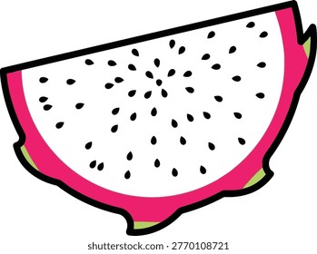 A graphic illustration of a slice of dragon fruit. The fruit has white flesh speckled with black seeds, a bright pink rind, and a thin green layer beneath the rind.