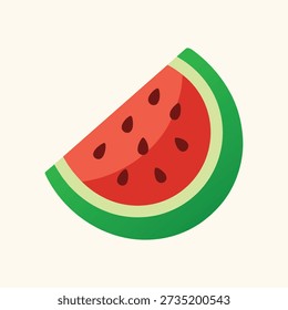 a graphic illustration of a slice of watermelon with a green rind and red flesh, showing several black seeds, on a plain beige background