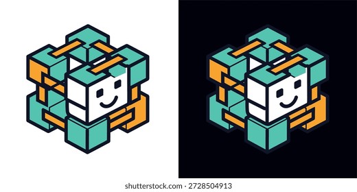 Graphic Illustration of a Smiling Cube Character in a Minimalist Design Environment