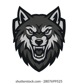 A graphic illustration of a snarling gray wolf with sharp teeth and intense gaze