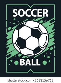 Uma ilustração gráfica de uma bola de futebol com formas abstratas verdes e as palavras SOCCER BALL.