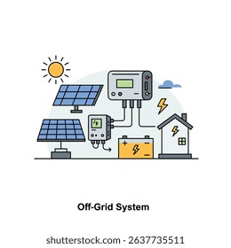 Graphic Illustration of Solar Panel and House with Roof Solar Installation