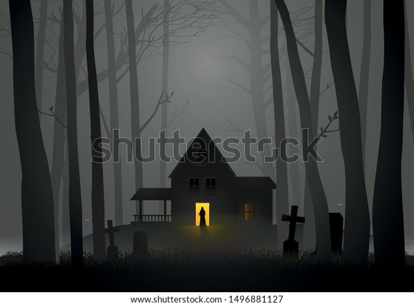 ハロウィーンとホラーのテーマで 森の中の不気味な家のグラフィックイラスト のベクター画像素材 ロイヤリティフリー