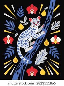 A graphic illustration of a spotted leopard cat climbing a blue tree trunk, surrounded by stylized orchids, pears, and leaves on a black background.