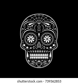 Graphic illustration of stencil decorative sugar skull. Black and white. Black background. Day of the Dead skull.