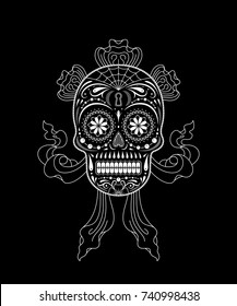 Graphic illustration of a stencil decorative sugar skull pattern. Day of the dead skull. Black and white.