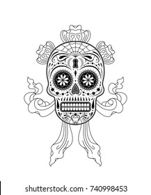 Graphic illustration of a stencil decorative sugar skull pattern. Day of the dead skull. Black and white.