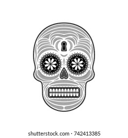 Graphic illustration of a stencil decorative sugar skull in a dash. Day of the dead skull. Black and white.