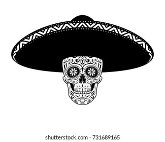 Graphic illustration of stencil Sugar skull in hat black and white