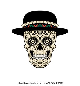 Graphic illustration of sugar skull in hat